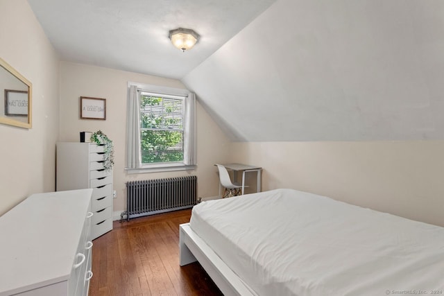 141 Cannon St, Hamden, CT 06518 - bedroom featuring radiator, lofted ceiling, and dark wood finished floors