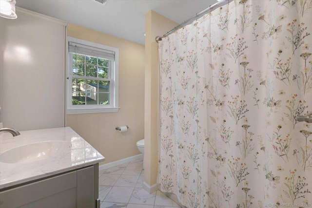 2 Sunwoods Cir, Hamden, CT 06518 - bathroom featuring marble finish flooring, vanity, and curtained shower