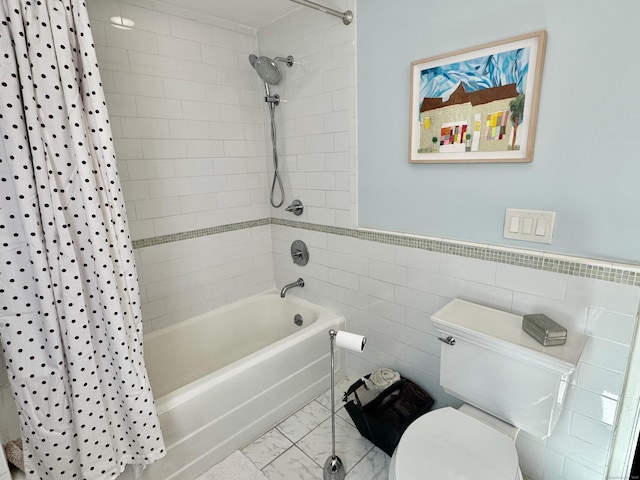 111 Spring Garden St, Hamden, CT 06517 - full bath featuring shower / bath combo, marble look tiles, tile walls, and a wainscoted wall