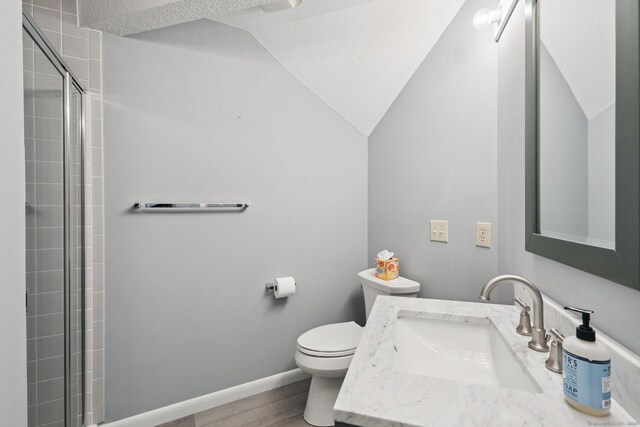 17 Brittania Dr Unit 17, Danbury, CT 06811 - bathroom with lofted ceiling, wood finished floors, tiled shower, vanity, and a textured ceiling