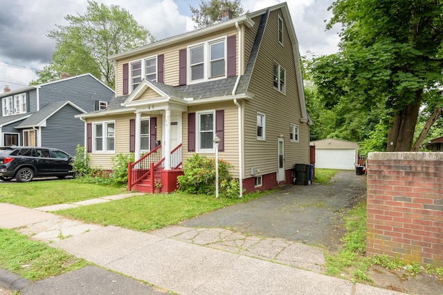 49 Olmsted St, East Hartford, CT 06108 - colonial inspired home with an outdoor structure, a front yard, a shingled roof, a garage, and a chimney