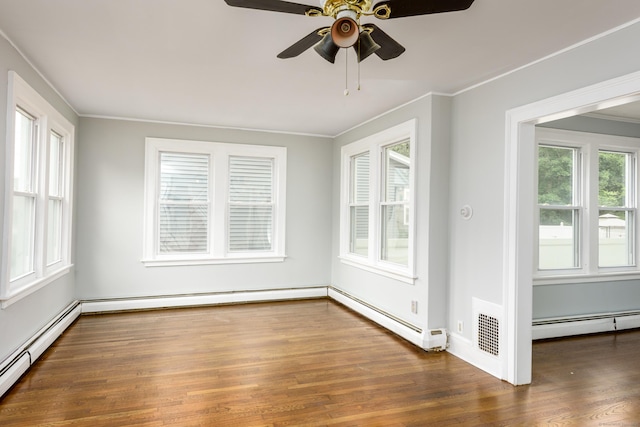 49 Olmsted St, East Hartford, CT 06108 - spare room with baseboard heating, wood finished floors, a ceiling fan, and crown molding