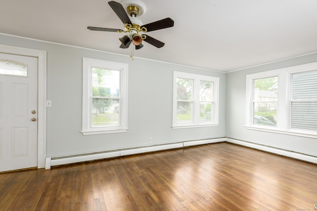49 Olmsted St, East Hartford, CT 06108 - entrance foyer featuring healthy amount of natural light, wood finished floors, ceiling fan, a baseboard heating unit, and crown molding