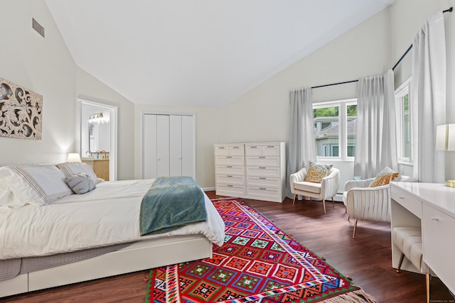 12 Byrne Ct Unit D, Farmington, CT 06032 - bedroom featuring dark wood-style flooring, a baseboard radiator, high vaulted ceiling, and a closet
