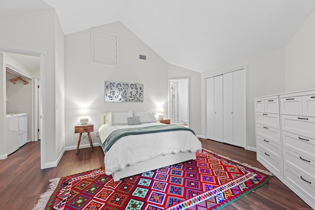 12 Byrne Ct Unit D, Farmington, CT 06032 - bedroom with washing machine and clothes dryer, dark wood-style flooring, high vaulted ceiling, and a closet