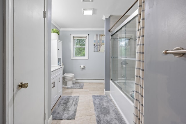 489 Thomaston Rd, Watertown, CT 06795 - full bathroom with baseboard heating, ornamental molding, vanity, and bath / shower combo with glass door