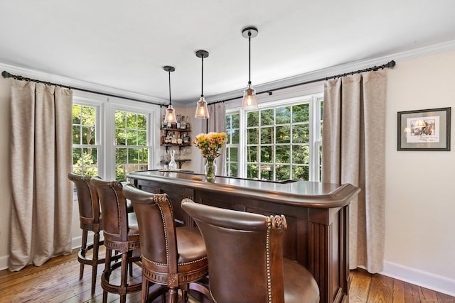 5 Lookout Rd, Norwalk, CT 06850 - indoor dry bar with hardwood / wood-style floors, crown molding, healthy amount of natural light, and hanging light fixtures