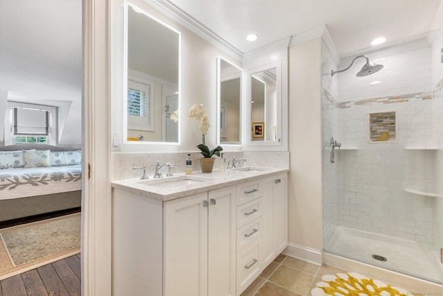 5 Lookout Rd, Norwalk, CT 06850 - ensuite bathroom with ornamental molding, a tile shower, double vanity, and tasteful backsplash