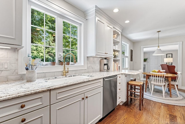 5 Lookout Rd, Norwalk, CT 06850 - kitchen featuring dishwasher, decorative backsplash, dark wood-style flooring, open shelves, and white cabinets