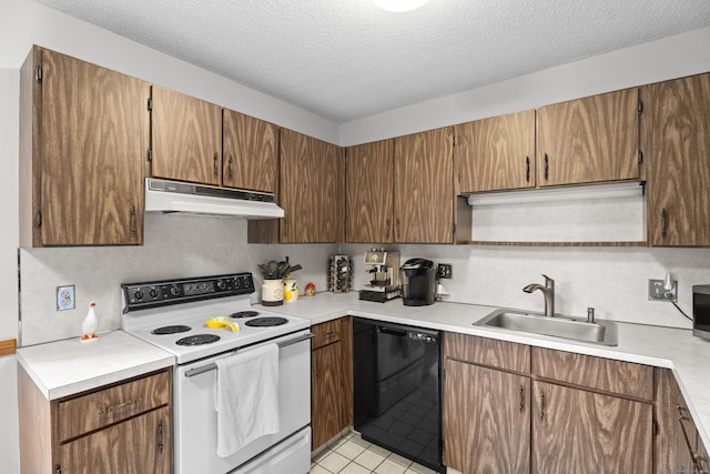 21 Heritage Cir Unit A, Southbury, CT 06488 - kitchen featuring white electric range oven, black dishwasher, under cabinet range hood, light countertops, and a textured ceiling