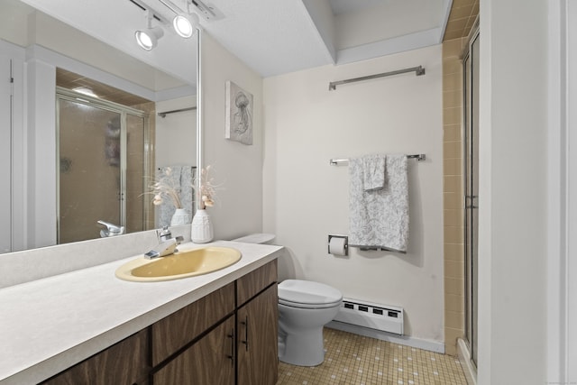 21 Heritage Cir Unit A, Southbury, CT 06488 - full bathroom with a baseboard radiator, a shower stall, vanity, and tile patterned floors