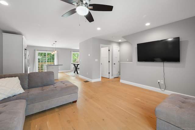64 Scotch Cap Rd Unit 173, Waterford, CT 06375 - living room featuring a ceiling fan, recessed lighting, and light wood-type flooring