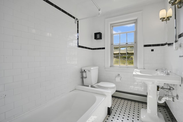 133 Griswold Rd, Wethersfield, CT 06109 - full bathroom featuring tile walls, a baseboard heating unit, and wainscoting