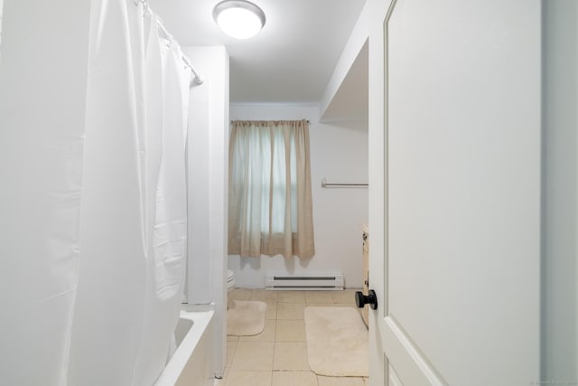 510 S St S, Bristol, CT 06010 - bathroom featuring baseboard heating, tile patterned flooring, and shower / tub combo with curtain