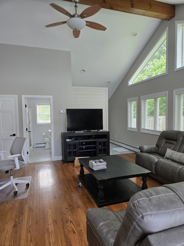 118 Harding Ave, Newington, CT 06111 - living room featuring high vaulted ceiling, a baseboard heating unit, a ceiling fan, wood finished floors, and beam ceiling