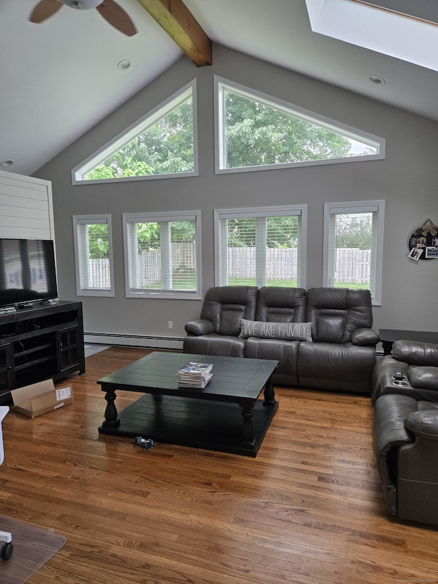 118 Harding Ave, Newington, CT 06111 - living area with a baseboard heating unit, wood finished floors, beam ceiling, ceiling fan, and high vaulted ceiling