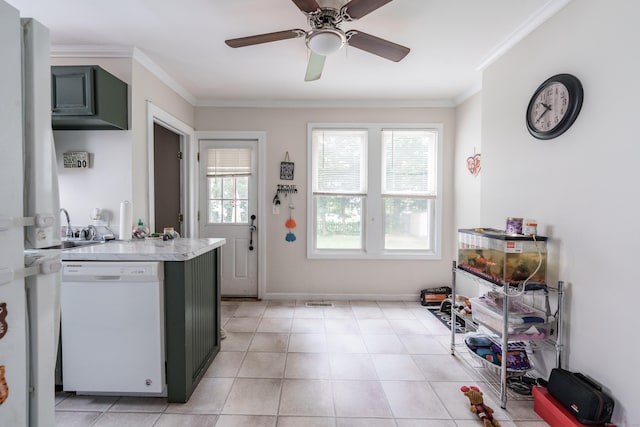21 Bigelow Ave, Enfield, CT 06082 - kitchen with dishwasher, crown molding, light countertops, a ceiling fan, and green cabinets