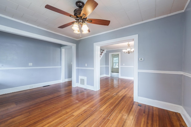 21 Bigelow Ave, Enfield, CT 06082 - unfurnished room with ornamental molding, a chandelier, ceiling fan, hardwood / wood-style floors, and stairs