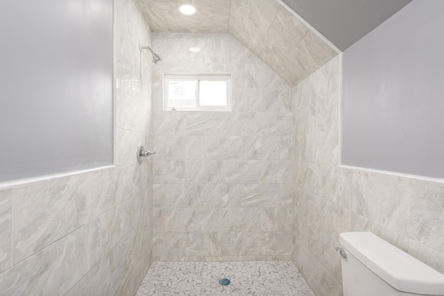 68 School St, Hartford, CT 06106 - full bath featuring a tile shower, tile walls, and a wainscoted wall