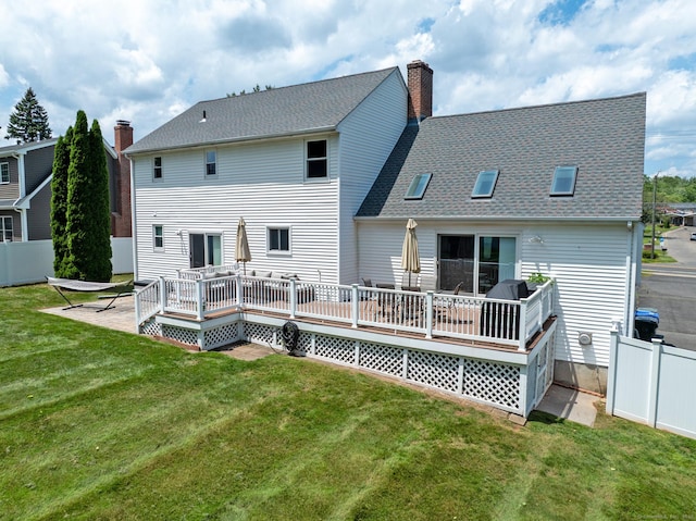 263 New Britain Ave, Newington, CT 06111 - rear view of house with a deck, a chimney, and roof with shingles