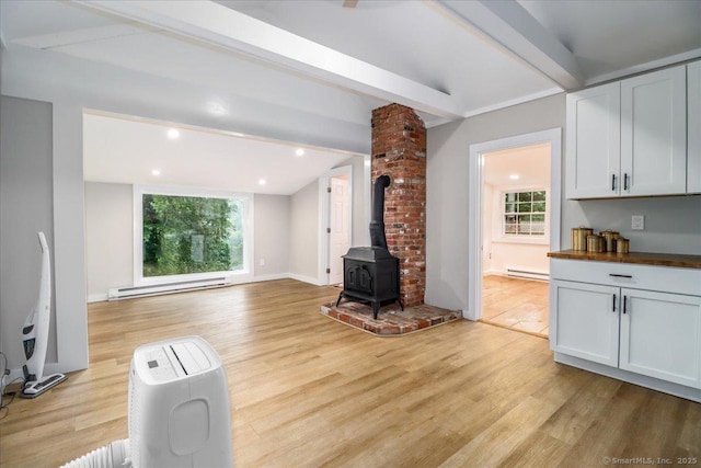 69 Forest Dr, Newtown, CT 06482 - unfurnished living room with a baseboard radiator, plenty of natural light, light wood-style flooring, and recessed lighting
