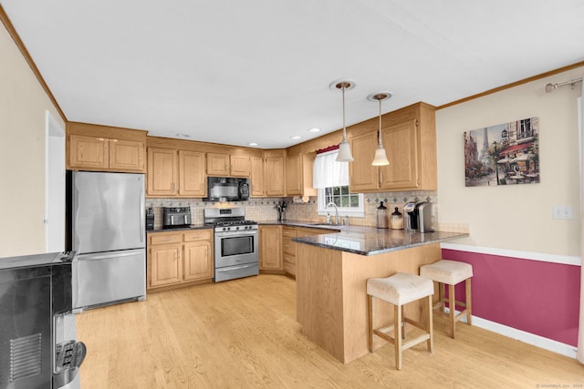 24 Cambridge Dr, Southington, CT 06489 - kitchen featuring stainless steel appliances, light wood-style floors, a peninsula, tasteful backsplash, and ornamental molding