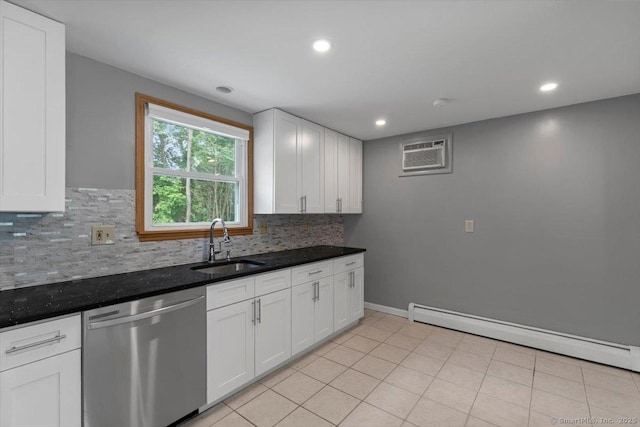29 Pembroke Rd, Hamden, CT 06514 - kitchen featuring dishwasher, baseboard heating, decorative backsplash, white cabinetry, and a wall mounted air conditioner