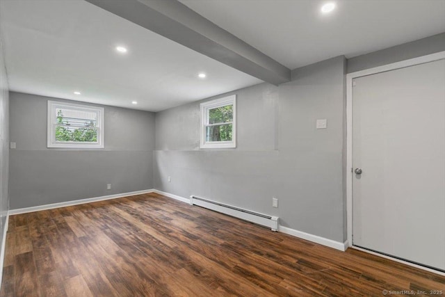 29 Pembroke Rd, Hamden, CT 06514 - below grade area featuring a baseboard radiator, wood finished floors, and recessed lighting