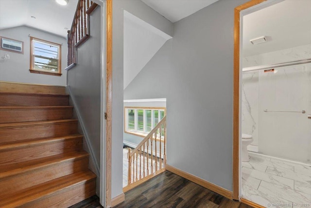 29 Pembroke Rd, Hamden, CT 06514 - stairs featuring lofted ceiling and baseboards