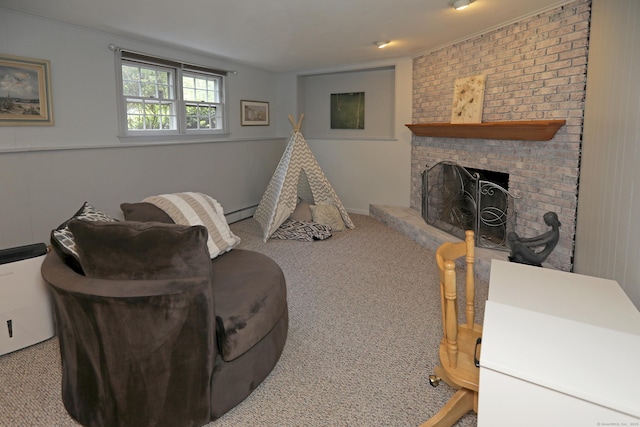 21 Berle Rd, South Windsor, CT 06074 - sitting room featuring carpet floors, baseboard heating, and a brick fireplace