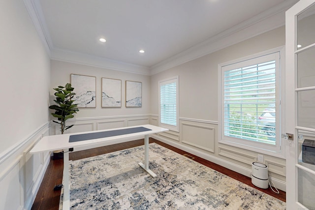 13 Spruce Ridge Dr, New Fairfield, CT 06812 - office space with wood finished floors, crown molding, plenty of natural light, a wainscoted wall, and recessed lighting