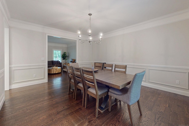 13 Spruce Ridge Dr, New Fairfield, CT 06812 - dining room with crown molding, a chandelier, dark wood-style floors, a decorative wall, and a wainscoted wall