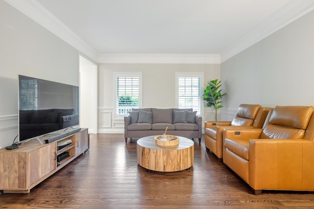13 Spruce Ridge Dr, New Fairfield, CT 06812 - living room featuring crown molding, dark wood-style floors, a decorative wall, and wainscoting