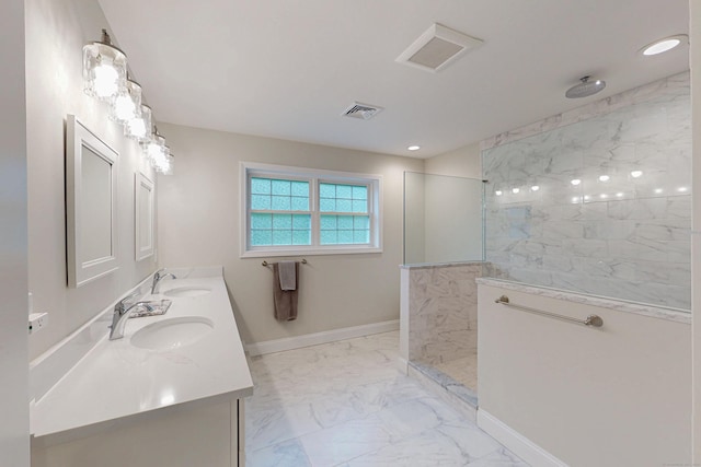 13 Spruce Ridge Dr, New Fairfield, CT 06812 - full bath featuring marble finish floors, double vanity, a marble finish shower, and recessed lighting