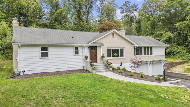 14 Pine Tree Ln, Avon, CT 06001 - ranch-style home with a chimney, an attached garage, a front lawn, and a shingled roof