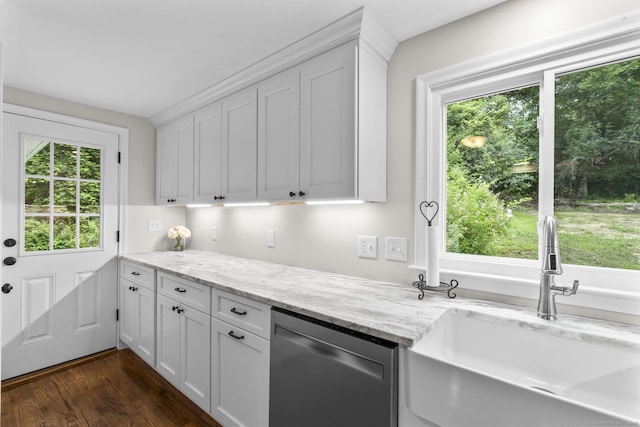 14 Pine Tree Ln, Avon, CT 06001 - kitchen with dishwasher, white cabinetry, light stone countertops, and dark wood-style floors