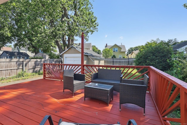 283 Third Ave, West Haven, CT 06516 - wooden terrace featuring a fenced backyard, a residential view, outdoor lounge area, and an outdoor structure