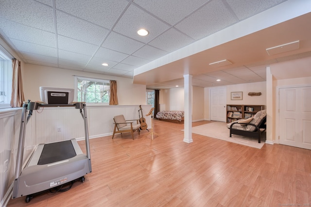 1047 Merrow Rd, Coventry, CT 06238 - workout area featuring a paneled ceiling, light wood-style flooring, wainscoting, and recessed lighting