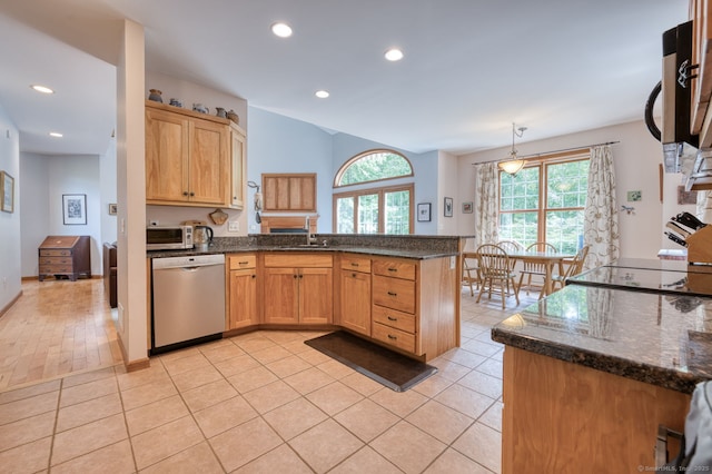 1047 Merrow Rd, Coventry, CT 06238 - kitchen featuring appliances with stainless steel finishes, a peninsula, recessed lighting, dark stone countertops, and light tile patterned flooring