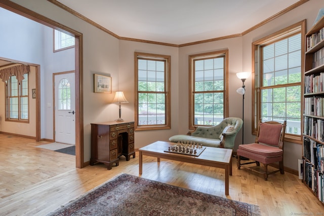 1047 Merrow Rd, Coventry, CT 06238 - living area with light wood-type flooring and ornamental molding