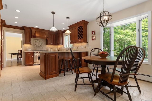 78 Carriage Rd, Wilton, CT 06897 - kitchen featuring high end stainless steel range oven, custom exhaust hood, decorative backsplash, light countertops, and recessed lighting