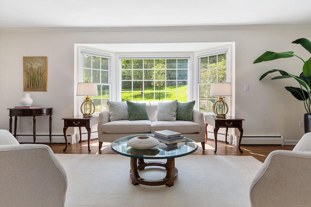 78 Carriage Rd, Wilton, CT 06897 - living area featuring crown molding, wood finished floors, and baseboard heating