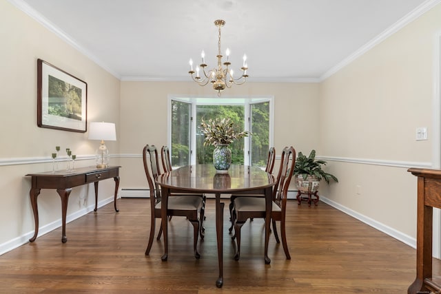 78 Carriage Rd, Wilton, CT 06897 - dining room featuring a chandelier, a baseboard radiator, ornamental molding, and dark wood-type flooring