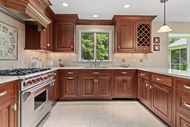 78 Carriage Rd, Wilton, CT 06897 - kitchen featuring designer stove, healthy amount of natural light, light stone countertops, and recessed lighting