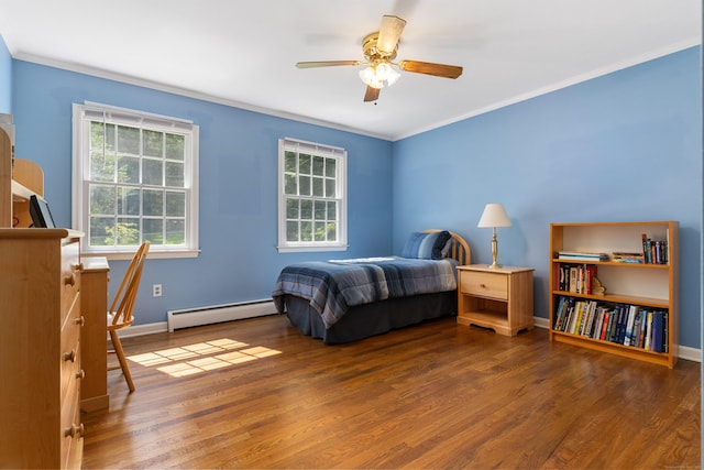 78 Carriage Rd, Wilton, CT 06897 - bedroom featuring baseboard heating, wood finished floors, crown molding, and ceiling fan