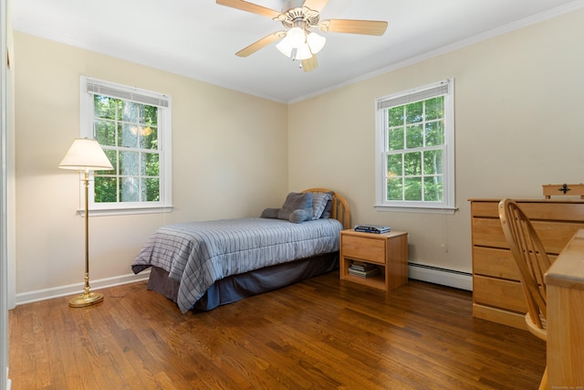 78 Carriage Rd, Wilton, CT 06897 - bedroom with a baseboard heating unit, wood finished floors, crown molding, and a ceiling fan