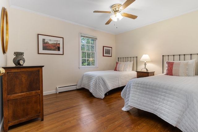 78 Carriage Rd, Wilton, CT 06897 - bedroom featuring a baseboard radiator, wood finished floors, crown molding, and a ceiling fan