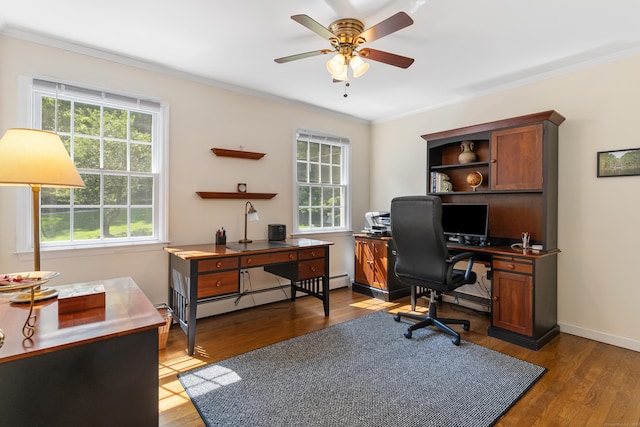 78 Carriage Rd, Wilton, CT 06897 - office with ceiling fan, ornamental molding, dark wood finished floors, and baseboard heating