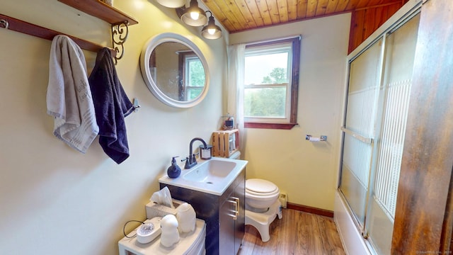 17 Plainfield St, Enfield, CT 06082 - full bath featuring wooden ceiling, wood finished floors, vanity, and shower / bath combination with glass door