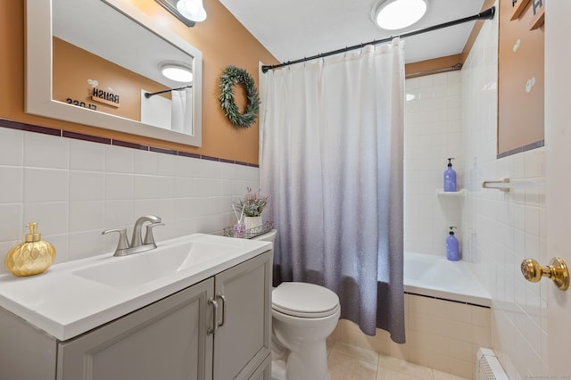 529 Orchard St, Rocky Hill, CT 06067 - bathroom with tile walls, vanity, tile patterned floors, and shower / bath combo with shower curtain